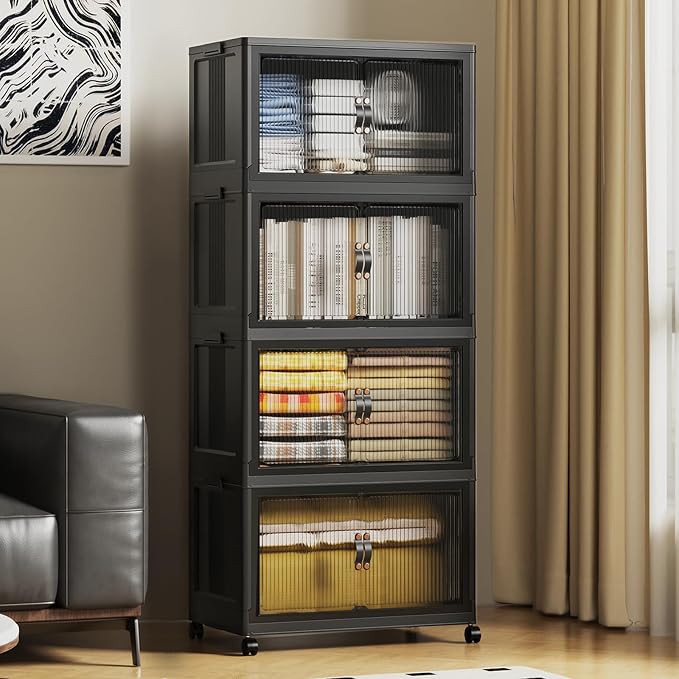 SAILUN 260Qt Stackable Storage Bins,Storage Cabinet with a Lid,4 Pack Black | Stackable Storage Drawers with Lids,22" W x 13" D x 50" H,Featuring open-front Access for Clothes and Closet Storage