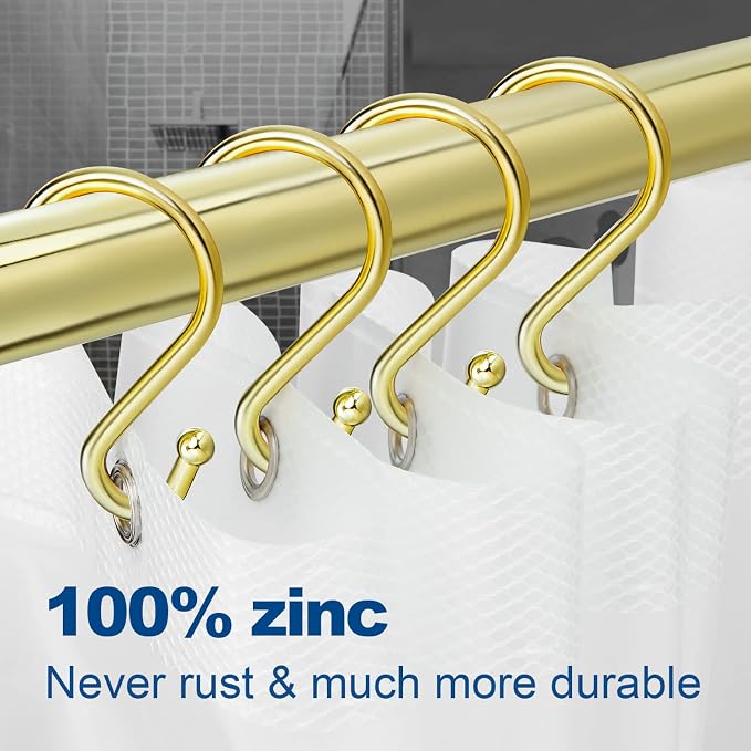 TOPROD S Shaped Shower Curtain Hooks Rings Shower Curtain Hangers S Hooks | Gold,Stainless Steel,Rust Proof,Durable,Free Gliding,Kitchen, Wardrobe,Set of 12