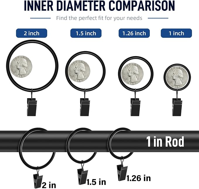 Lansian 100 Pack Curtain Rings with Clips Hooks 1 in Diameter Rustproof | Matte Metal Stainless Steel Drapery Rings for Tension Rod Bracket Eyelets Decorative Hanger, Fits 3/4 in Rods, Black