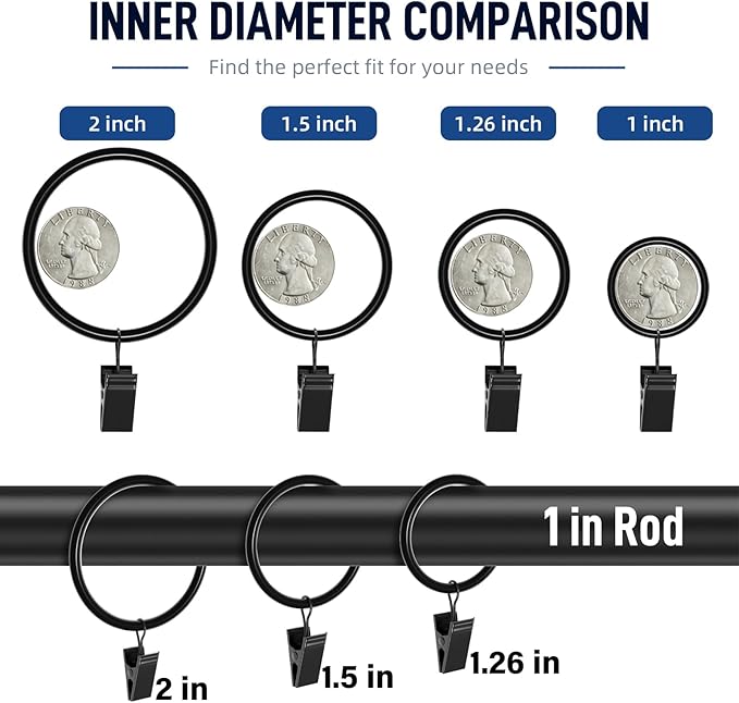 Lansian 44 Pack Curtain Rings with Clips Hooks 2 in Diameter Rustproof | Matte Metal Stainless Steel Drapery Rings for Tension Rod Bracket Eyelets Decorative Hanger, Fits 1.88 in Rods, Black