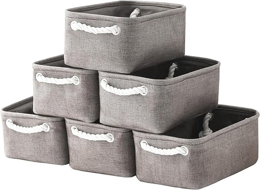 Foldable Small Storage Baskets with Strong Cotton Rope Handles [6-Pack] Gray Collapsible Storage Bins Set Works Room Storage, Nursery Baskets