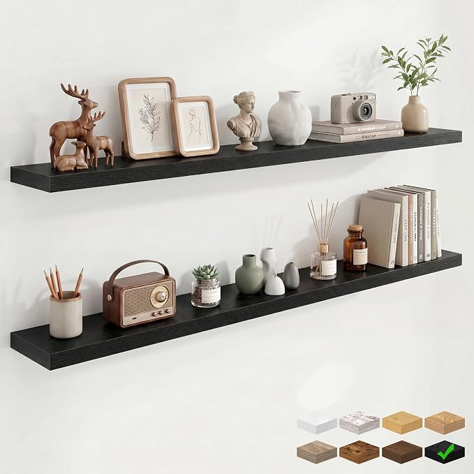 72in Floating Shelves for Wall, 72"W x 9.25"D x 1.5"H, Black, 2Pcs | Long Wall Mounted Engineered Wood Shelves with Invisible Brackets for Living Room, Bedroom, Bathroom, Kitchen, 9.25in Depth