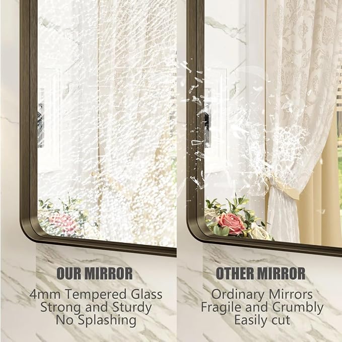 55x30 Inch Brushed Bronze Bathroom Mirror for Wall | Rounded Rectangle Metal Bronze Framed Vanity Mirror, Anti-Rust, Shatterproof, Hangs Horizontally or Vertically