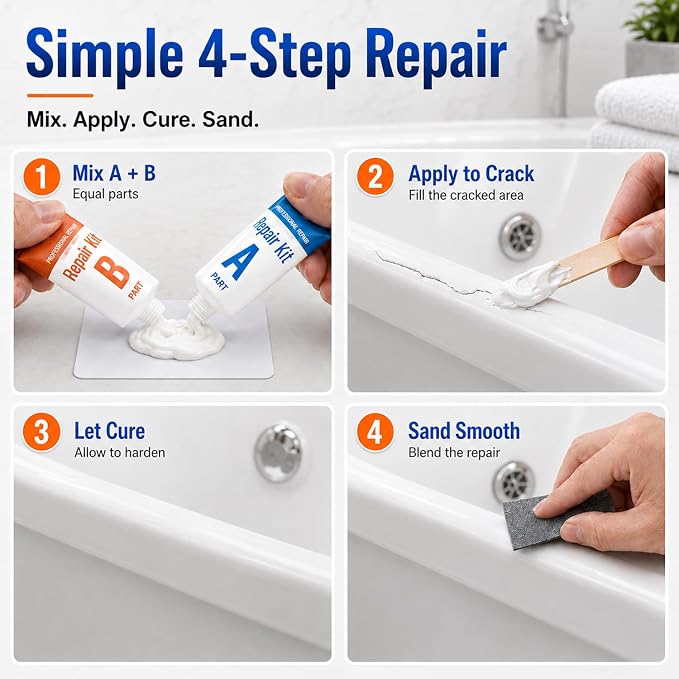 Tub Repair Kit White, Bathtub Repair Kit for Enamel, Fiberglass, Acrylic | For Chips, Cracks, Scratches, Holes & Rust on Porcelain, Patch & Repairs Cast Iron Tubs, Toilet, Sink, Shower Pan in Bathroom