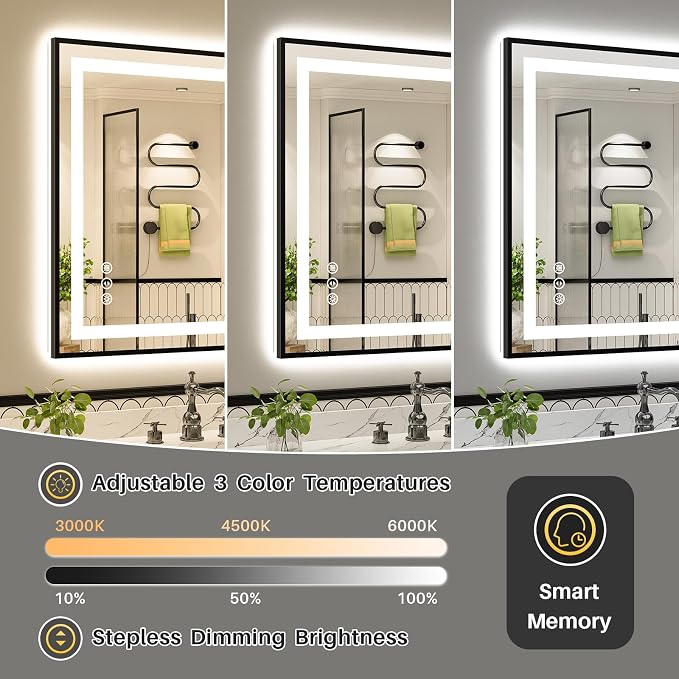 36x30 Inch LED Bathroom Mirror with Black Frame, Backlit & Front Lit | Anti-fog, 3 Color Dimmable, Memory Function, HD Reflection Tempered Glass, ETL Listed, IP54 Waterproof