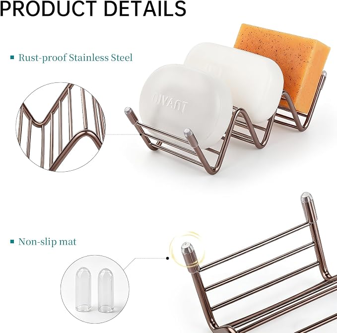 Stainless Steel Soap Dish Self Draining Bar Soap Holder, Rose Gold | Reversible Design Fits 2-3 Bars, Rustproof, Easy to Clean, Space Saving, Non Slip, for Bathroom, Shower, Kitchen
