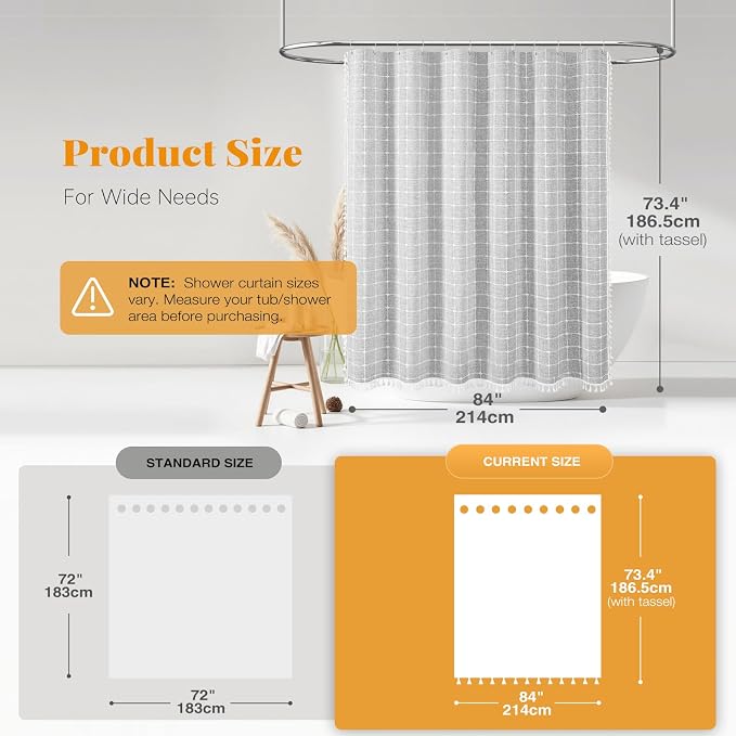 84x72 Boho Farmhouse Linen Heavy Duty Shower Curtain Set, Gray/Grey | Wide Size, 330GSM Linen Blend, 3-side Tassels, Water Repellent Fabric, 14 Plastic Hooks, Rustic Bohemian, Machine Washable