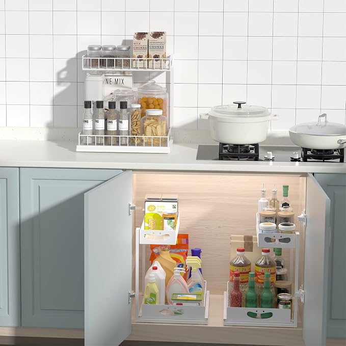 Under Sink Organizer with Pull-Out Drawers,Kitchen Sink Organizer,2 Tier Bathroom Organizers And Storage,Bathroom Accessories Set,White 2 Pack