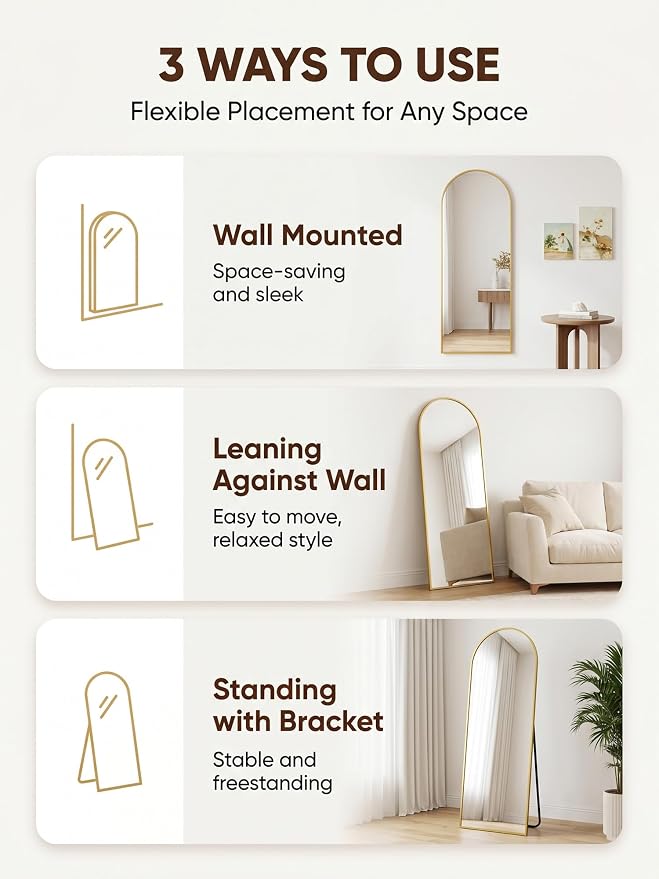 Full Length Mirror, 58" x 19" Arched Full Body Mirror Large Standing Floor Mirrors, Mirrors for Bedroom, Bathroom, Living Room Standing or Wall Leaning, Gold