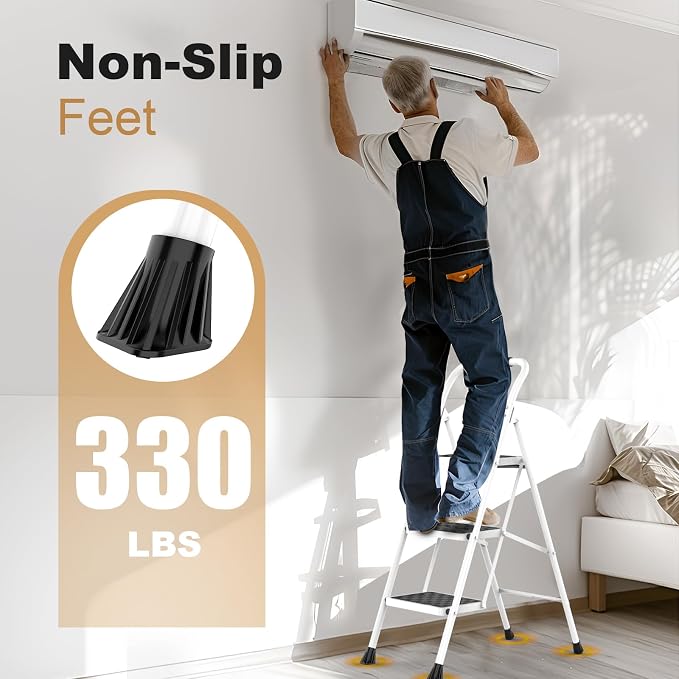 HBTower 3 Step Ladder, 3 Step Stool for Adults Folding Step Stool | with Cushioned Handle with Wide Anti-Slip Pedal Ergonomic Design