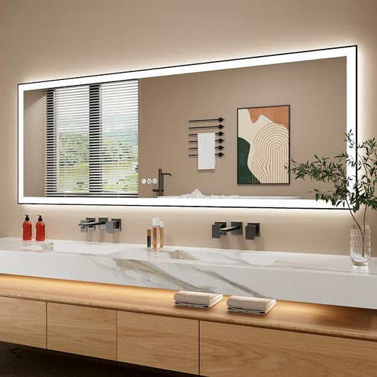 84x32 Inch LED Bathroom Mirror with Black Frame | Black Metal Frame, Front and Backlit, 3 Colors, Dimmable, Memory, Anti Fog, Tempered Glass, Lighted Mirror for Wall