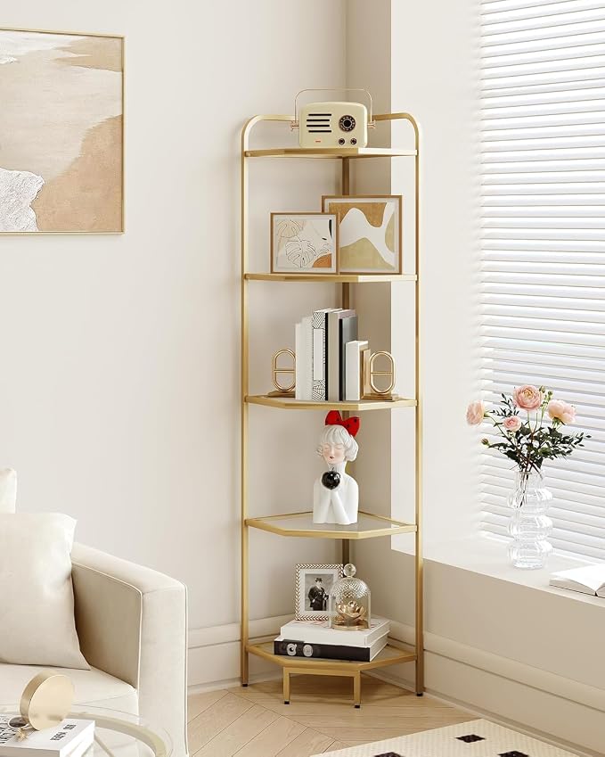 Hzuaneri Corner Shelf Stand, 5-Tier Glass Bookshelf Bookcase, Plant Stand | Bathroom Organizer Steel Frame, Tempered Glass, Modern Style for Living Room, Bathroom, Kitchen, Gold CS90200G