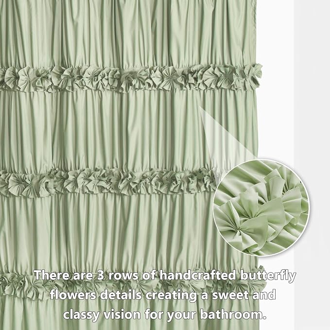 Sage Ruffle Shower Curtain, Handcrafted Bow Tie | Vintage Bath Curtain for Master Bathroom, Ruched Microfiber Bathroom Curtain with 12 Buttonholes, 72" W x 72" H (LQ-10)