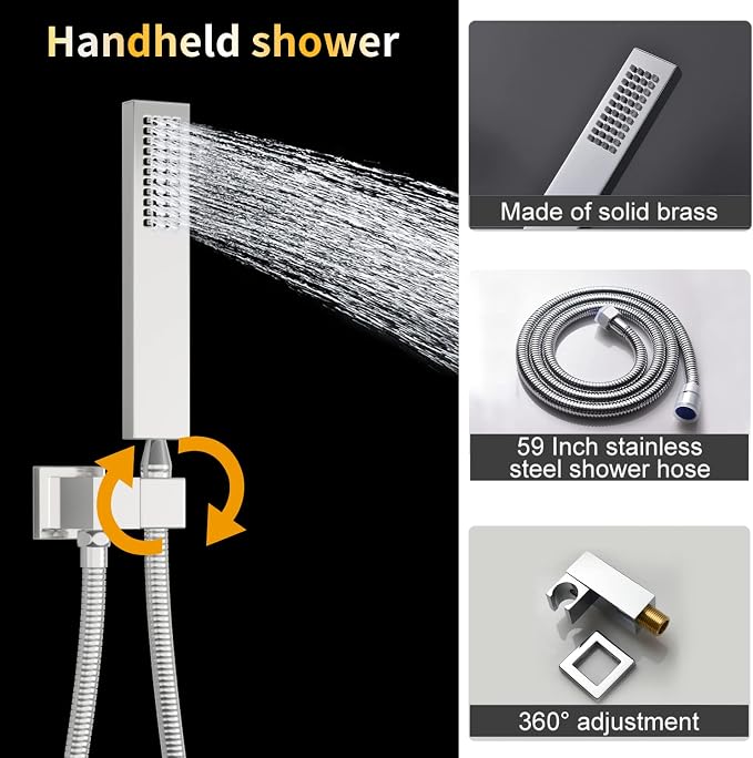 AYIVG Chrome Multi Functions Thermostatic Concealed Shower System 16 X 26 Inch And 8 inch Ceiling Dual Rainfall Shower Heads System Fixtures With Body Jets And Handheld Shower Faucet Set