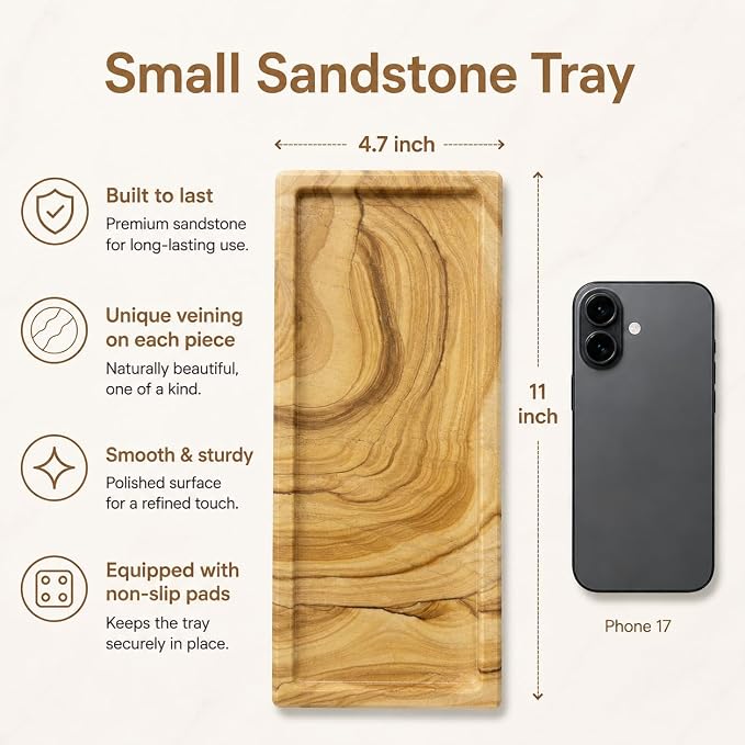 Sandstone Tray for Bathroom Countertop, Rectangular Stone Decorative Tray, Vanity Tray for Makeup, Perfume, Skincare, Jewelry & Bathroom Accessories (Earth Tone)