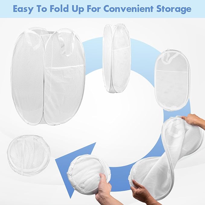 Pop Up Laundry Hamper, 70L Collapsible Mesh Laundry Basket with Side Pocket, Foldable Dirty Clothes Hamper with Sturdy Reinforced Handles for Home Dorm Bedroom Travel Storage, White, 2Pack