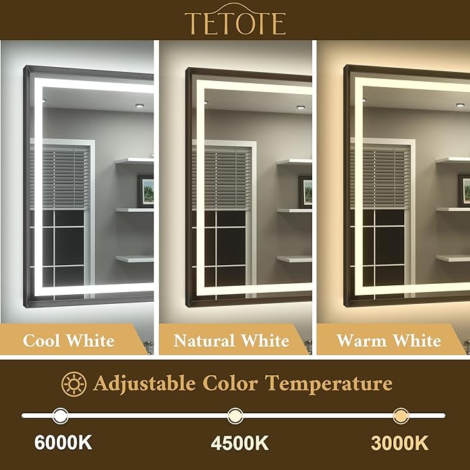 48 x 36 Bathroom LED Mirror Brushed Black Metal Frame Frontlit & Backlit Vanity Mirror Stepless Dimmable Anti-Fog 3 Colors White/Warm/Natural Light up Vanity Mirror Wall-Mounted