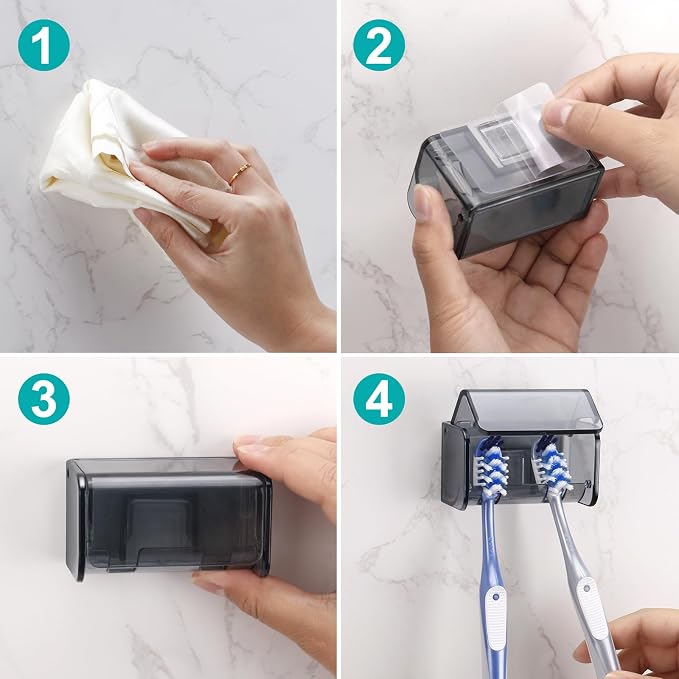 2 PCS Toothbrush Holders Wall Mounted with Cover (2, Transparent Black) | Wall mounted, Detachable, Easy to clean, Breathable, 2 Slots Self Adhesive Toothbrush Organizer for Bathroom