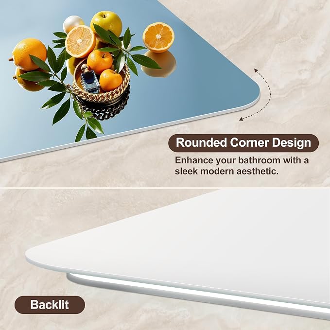 40''X30'' Lighted Mirrors for Bathroom Wall Backlit Rectangular Rounded Corners, LED Bathroom Mirror Frameless with Lights, Dimmable, 3 Colors,Tempered Glass, Shatter-Proof