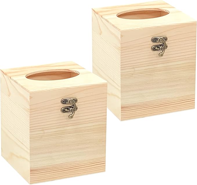 2 Pack Unfinished Wooden Tissue Box Cover for Crafts Oval Opening Solid Square Wood Tissue Holder for Home Decor (5.1x5.1x6 in)