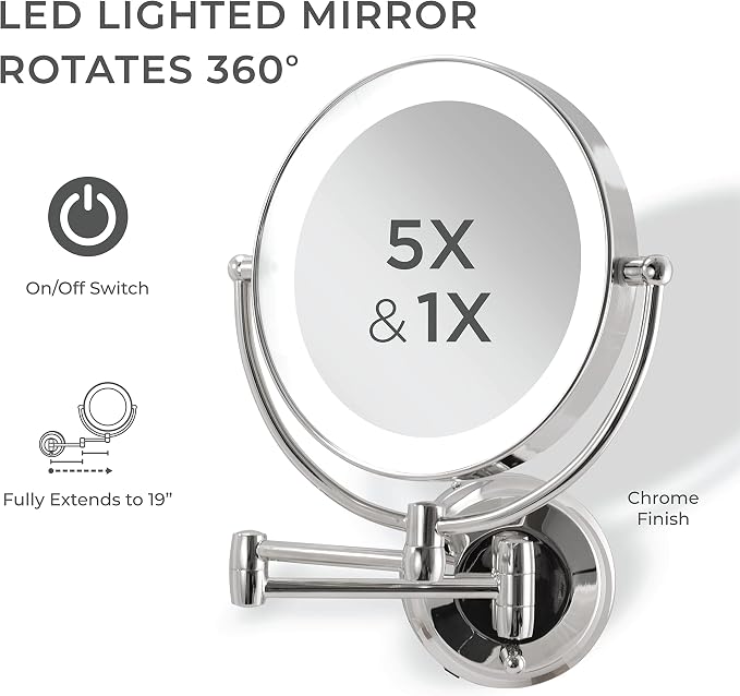 Zadro 11" LED Wall Mounted Makeup Mirror 5X/1X Shaving Mirror Cordless or Battery Operated Vanity Mirrors for Wall (Large | 5X/1X | 11" x 14.5", Chrome)