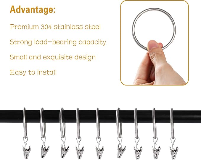 Lansian 20 Pack Curtain Rings with Clips Hooks 1.5 in Diameter Rustproof | Metal Stainless Steel Drapery Rings for Tension Rod Bracket Eyelets Decorative Hanger, Fits 1.38 in Rods, Matte Silver