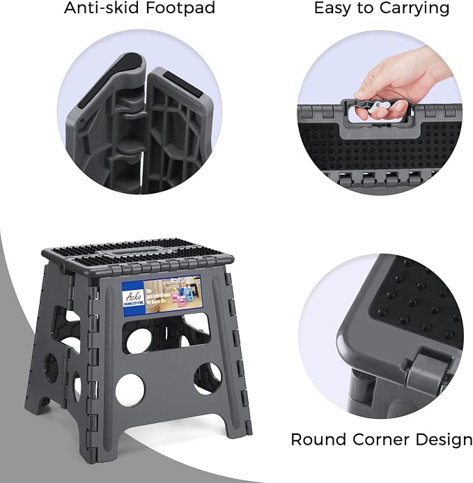 ACKO 13" Folding Step Stool, Non-Slip Surface for Adults & Kids, Dot Gray | Collapsible Heavy Duty Foldable Stools, Portable Foot Stepping Stool Holds 300 lbs, Kitchen Bathroom Outdoor, with Handle