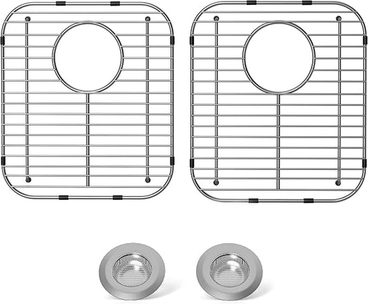 4Pack Stainless Steel Sink Protectors for Kitchen Sink, 13.1"x11.6"x1" Sink Grid Universal with Rear Drain, Rust-Resistant Metal Sink Rack for Bottom of Sink with Sink Strainers (Rear Drain/Set 2)
