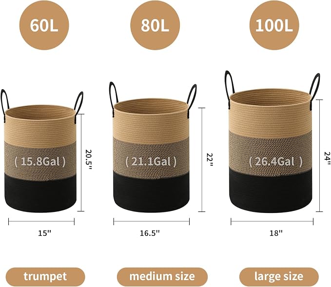 Laundry Basket Hamper Tall Rope Storage Woven for Blanket toys Dirty Clothes in Living Room Bathroom Bedroom (Jute Brown & Black, 100L/26.4Gal)