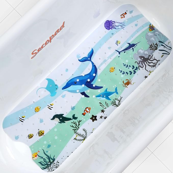 Secopad Bathtub Mat Non Slip, Cute Tub Mat, 40" x 16", Blue Dolphine | Rectangular, Anti-Slip, Machine Washable, with Drain Holes and Suction Cups,For Bathtub and Shower Floor, for Toddler & Kids