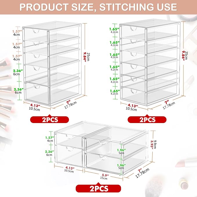 6-Pack 30-Drawer Acrylic Storage & Makeup Organizer for Desk | Smooth-glide drawers, clear body, dustproof, for office supplies, pens, stationery, jewelry, cosmetics, craft bits