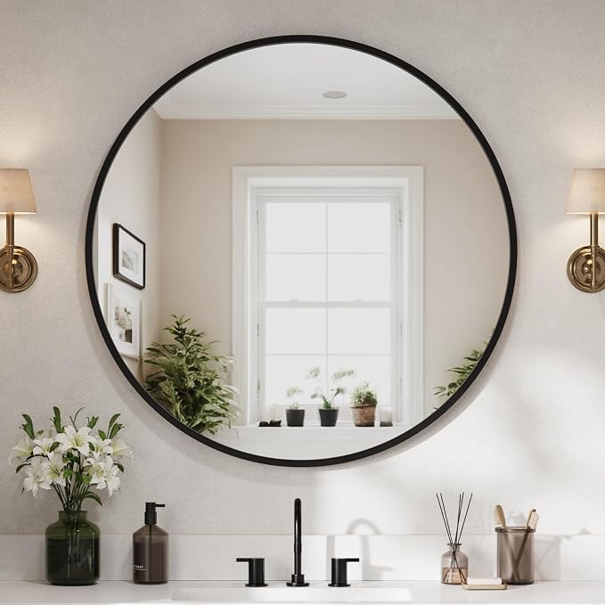42 Inch Round Bathroom Mirrors for Over Sink | Circle Mirror with Metal Frame, Black Wall Mirror for Vanity, Entryway, Living Room, Hallway and Bedroom Decor