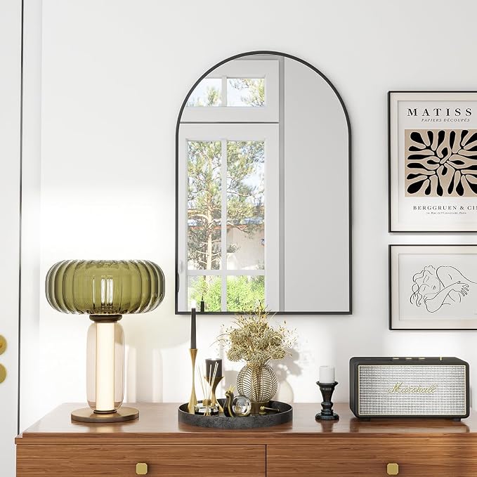 Arched Wall Mirror, 20 x 30 inch Arch Bathroom Mirror, Wall Mounted Vanity Mirror with Arch Metal Frame, Modern Bathroom Vanity Mirror for Bedroom, Living Room, Hanging or Leaning, Black