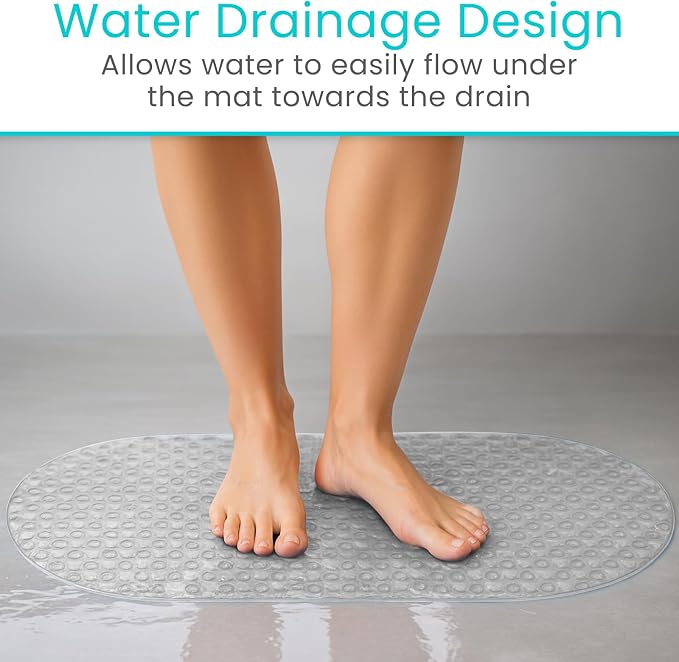 Vive Oval Bathtub Mat - Nonslip Shower Floor Pad - Non-Slip and Non-Skid | For Bath Tub with Strong Rubber Suction Cup Grip - for Baby, Elderly, Kids, Bathroom (Gray)