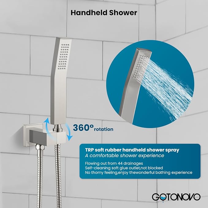 gotonovo Shower Faucet Set with Handheld Spray Brushed Nickel,12'' Head | SUS304 Rainfall Shower Head and Handle Set System Fixture,Pressure Balance Valve Trim Kit,Single Handle,Wall Mount,All Metal