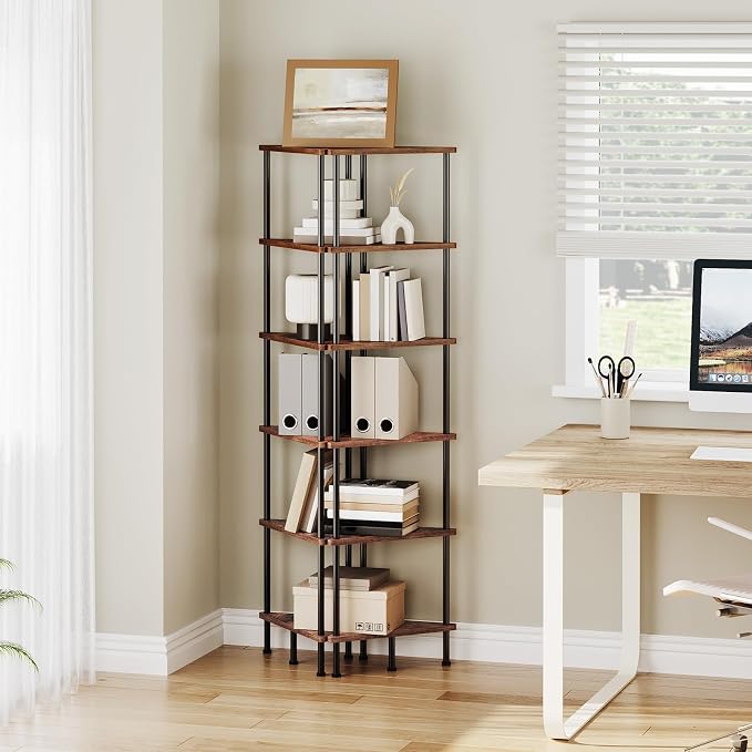 HOOBRO Corner Shelf Stand, Industrial 6-Tier Wall Corner Bookshelf with Metal Frame, Plant Display Shelf, Bookcase for Small Spaces, Bedroom, Living Room, Rustic Brown BF36CJ01