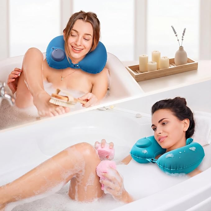 Colingmill 2 Pcs Inflatable Bath Pillows for Tub, U-Shaped Neck & Head Support Cushion, Portable Blow Up Travel Neck Pillow with Adjustable Button for Airplanes & Home Spa(Peacock Blue, Royal Blue)
