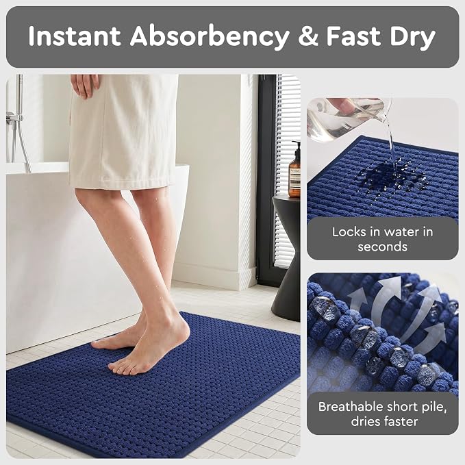 tchdio Bathroom Runner Rug, Absorbent Washable Thin Bath Mat, Non Slip Quick Dry Bath Rugs with Solid Rubber Backing, Low Profile Bath Mat, Blue, 24" x 70"