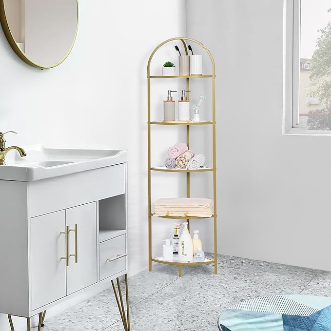 Homhedy 5-Tier Gold Corner Shelf Stand, Metal Corner Bookshelf | Display Shelf, Tempered Glass Shelves, Plant Stand, Storage Rack Shelf for Bedroom, Living Room, Home, Office, Gold