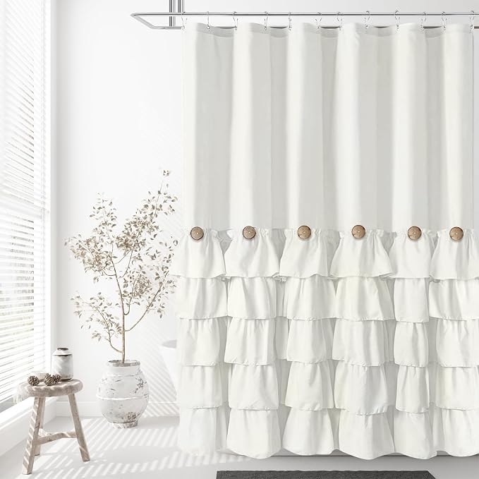 Seasonwood Ivory Ruffle Shower Curtain Farmhouse Shower Curtain 72 X 72 | Natural button accents, layered fabric tiers, shabby chic and French country styling for decorative bathroom updates