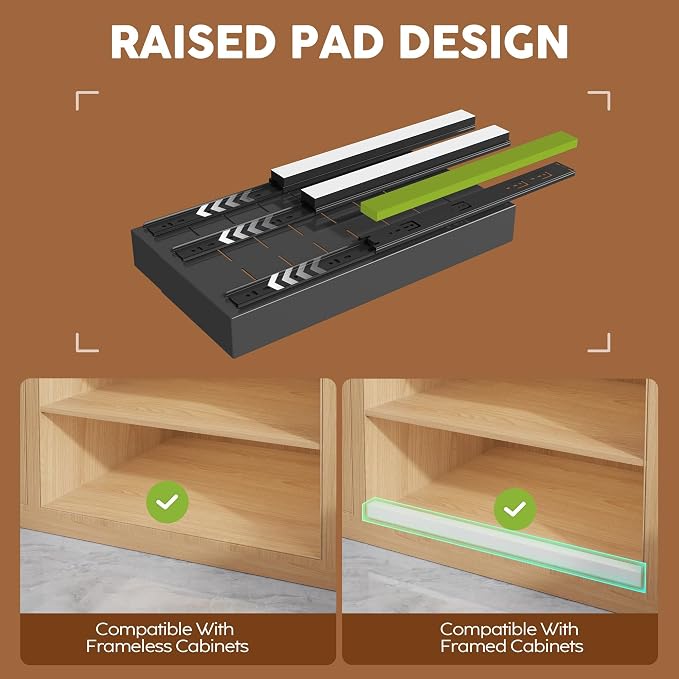 Seinloes 4 Pack Expandable Pull Out Cabinet Organizer 21" Deep with Raising Pad for Framed Cabinets,Upgrade 3 Slide Rails Slide Out Drawers,Roll Out Shelves Adhesive,Adjustable Width 9"-14.1" Black