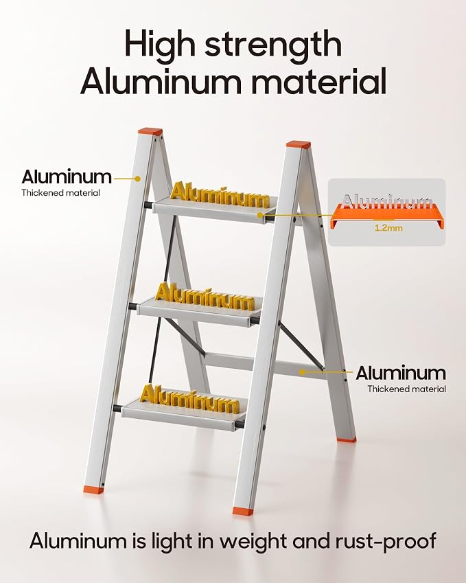 HillhutApex Aluminum Step Stool Foldable,3 Step Ladder (Orange) | Lightweight Portable step ladder with Anti-Slip Wide Pedal,330lbs Capacity Ladder for Household,Office,Kitchen