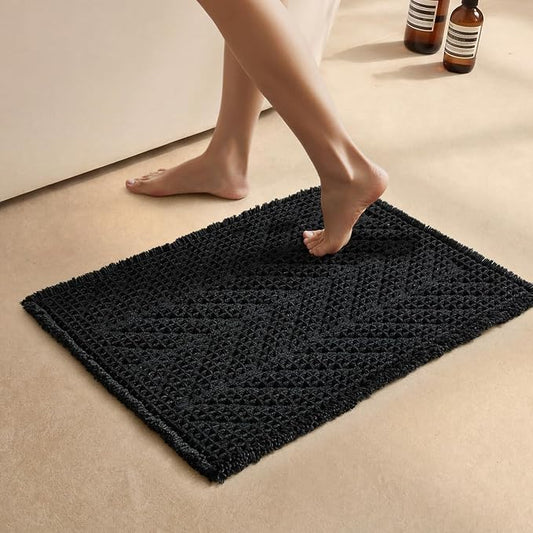 Sunfly Black Bathroom Rug, Waffle Bath Mat Non-Slip Washable Super Absorbent Quick Dry,Quick Drying，Boho Farmhouse Bathroom Decor 16"x24" Black