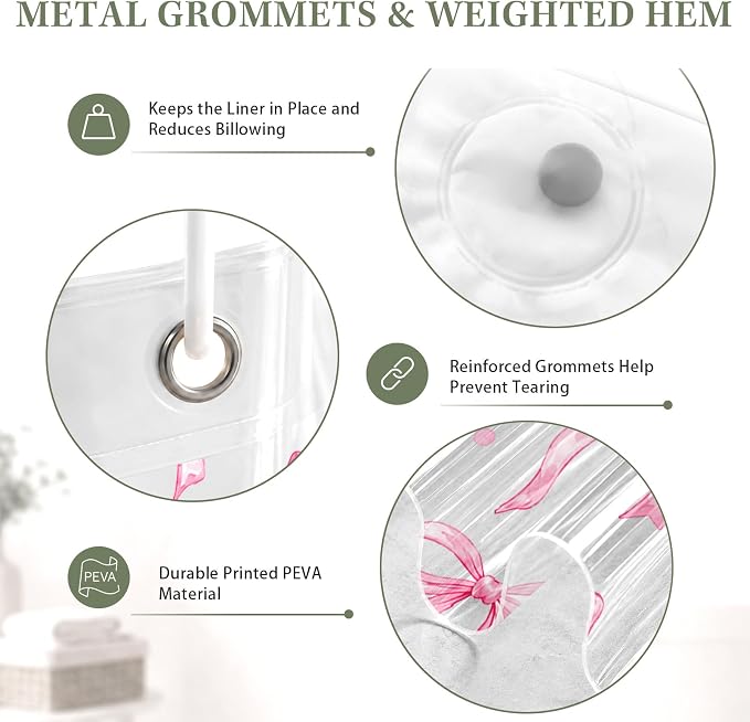 Clear Shower Curtain Liner, Pink Bow Preppy PEVA, 72x72 Inch | Cute Girly Waterproof Bath Plastic Shower Curtains Set with 3 Weighted Magnets and 12 Hooks for Bathroom Decor