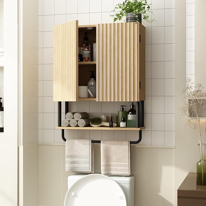 RUSTOWN Fluted Bathroom Wall Cabinet with 2 Doors, 3-Tier Medicine Cabinet | Modern Farmhouse Wall Mounted Cabinets, Over The Toilet Storage Cabinet, Adjustable Shelf and Towel Bar, Medium