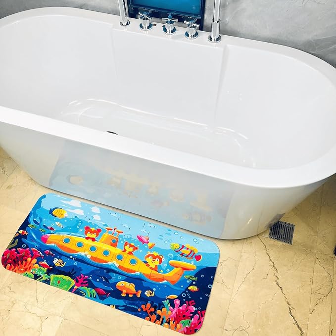 Bath Mats for Tub Kids,Baby Toddler - Large Cartoon Non-Slip Bathroom Bathtub Anti-Slip Shower Mats for Floor 35x15,Machine Washable XL Size Bathroom Mats (Submarine)