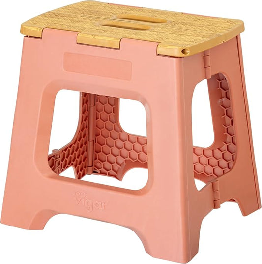 Vigar Compact Folding Step Stool, 12-1/2 in, Orange Bamboo Print | 12-1/2 in Foldable Stool, Lightweight Portable Design, Handle, Non Slip Surface, Space-Saving, Supports up to 330 lb