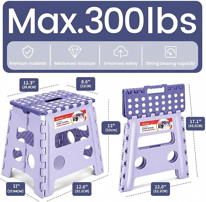 Foldable Step Stool for Adults 13 Inch, 300 lbs, Purple | Lightweight Stepping Stool with Handle and Non-Slip Surface, for Reaching Kitchen Cabinets, Bathroom Shelves and Closets