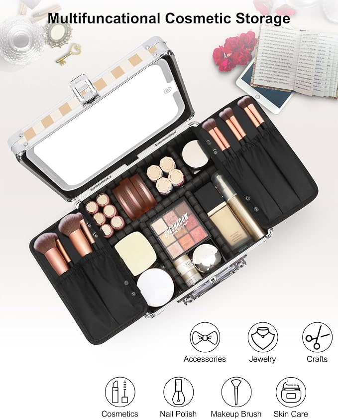 Relavel Makeup Bag with LED Mirror, Makeup Box Travel Train Case with Lighted Mirror & Adjustable Dividers, Cosmetic Brush Organizer Storage for Makeup Artists Gifts for Women and Girls (Plaid, Small)