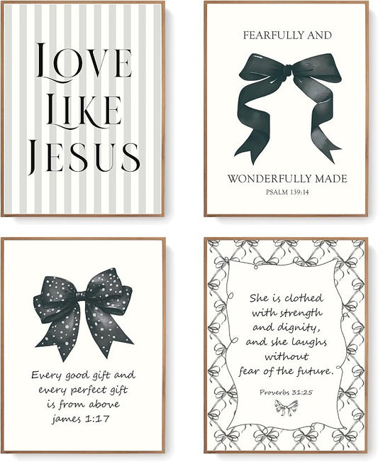 LARTSFRO Coquette Black Bow Jesus Wall Art Decor Posters, Black Bow Room Christian Bedroom Bathroom Wall Art Decor Aesthetic for Teen Girls College Gifts, Inspirational Bible Verses Bow Wall Decor, 12x16 Inch Set of 4 Bow Pictures(UNFRAMED)